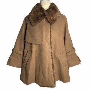 Secret Garden Korean Silk Wool Swing Coat M Brown Lined Faux Fur Snaps Pockets